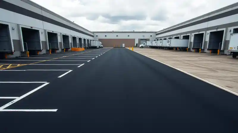Finished commercial truck court with smooth black asphalt and precise white markings
